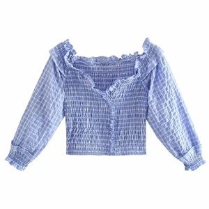 ZARA Smocked Off The Shoulder Crop Top Ruffle V-Neck Puff Sleeve